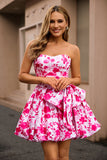White Fuchsia Flower A Line Strapless Printed Floral Homecoming Dress with Bow