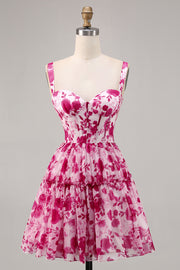 Fuchsia Flower A Line Printed Corset Homecoming Dress