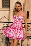 Fuchsia Flower Corset A Line Short Homecoming Dress