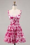 Fuchsia Flower A Line Printed Corset Homecoming Dress