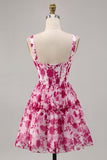 Fuchsia Flower A Line Printed Corset Homecoming Dress