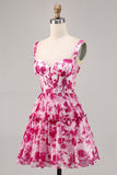 Fuchsia Flower A Line Printed Corset Homecoming Dress