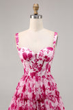 Fuchsia Flower A Line Printed Corset Homecoming Dress