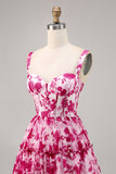 Fuchsia Flower A Line Printed Corset Homecoming Dress