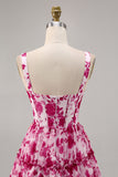 Fuchsia Flower A Line Printed Corset Homecoming Dress