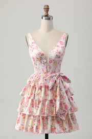 Pink Floral A-Line Printed Tiered Homecoming Dress with Bow