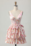 Pink A-Line V Neck Tiered Printed Floral Homecoming Dress with Bow