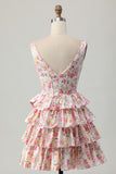 Pink A-Line V Neck Tiered Printed Floral Homecoming Dress with Bow