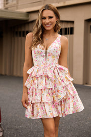 Pink A-Line V Neck Tiered Printed Floral Homecoming Dress with Bow
