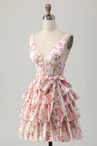 Pink Floral A-Line Printed Tiered Homecoming Dress with Bow