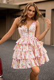 Pink A-Line V Neck Tiered Printed Floral Homecoming Dress with Bow