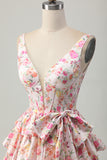 Pink Floral A-Line Printed Tiered Homecoming Dress with Bow