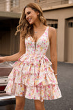 Pink A-Line V Neck Tiered Printed Floral Homecoming Dress with Bow