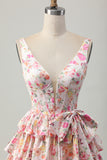 Pink Floral A-Line Printed Tiered Homecoming Dress with Bow