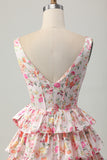 Pink Floral A-Line Printed Tiered Homecoming Dress with Bow