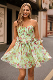 Strapless Floral Green Corset A Line Homecoming Dress with Bows