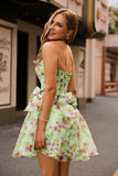 Strapless Floral Green Corset A Line Homecoming Dress with Bows