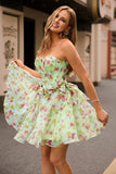 Strapless Floral Green Corset A Line Homecoming Dress with Bows
