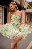 Strapless Floral Green Corset A Line Homecoming Dress with Bows