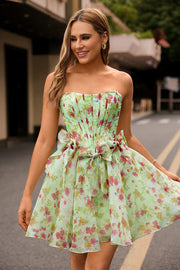 Strapless Floral Green Corset A Line Homecoming Dress with Bows