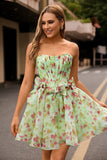 Strapless Floral Green Corset A Line Homecoming Dress with Bows