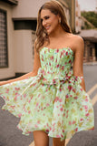 Strapless Floral Green Corset A Line Homecoming Dress with Bows