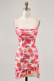 Red Flower Bodycon Ruched Printed Homecoming Dress