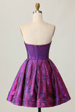 Metallic A Line Strapless Dark Purple Cut Out Homecoming Dress