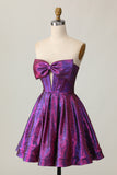 Metallic Strapless Dark Purple A Line Homecoming Dress with Bow