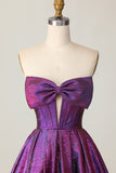 Metallic Strapless Dark Purple A Line Homecoming Dress with Bow