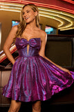 Metallic A Line Strapless Dark Purple Cut Out Homecoming Dress