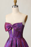 Metallic Strapless Dark Purple A Line Homecoming Dress with Bow