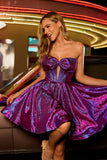 Metallic A Line Strapless Dark Purple Cut Out Homecoming Dress