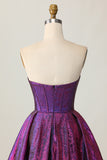 Metallic Strapless Dark Purple A Line Homecoming Dress with Bow