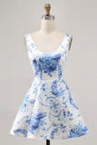 White Blue Flower A Line Printed Short Homecoming Dress