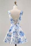 White Blue Flower A Line Printed Short Homecoming Dress
