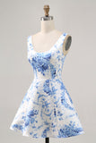 White Blue Flower A Line Printed Short Homecoming Dress
