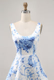 White Blue Flower A Line Printed Short Homecoming Dress