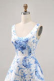 White Blue Flower A Line Printed Short Homecoming Dress
