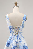 White Blue Flower A Line Printed Short Homecoming Dress