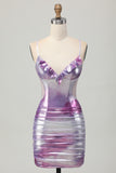 Silver Purple Spaghetti Straps Cut Out Tight Metallic Homecoming Dress