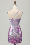 Silver Purple Spaghetti Straps Cut Out Tight Metallic Homecoming Dress
