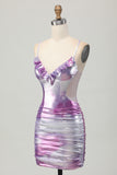 Silver Purple Spaghetti Straps Cut Out Tight Metallic Homecoming Dress