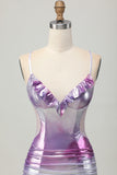 Silver Purple Spaghetti Straps Cut Out Tight Metallic Homecoming Dress