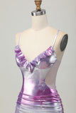 Silver Purple Spaghetti Straps Cut Out Tight Metallic Homecoming Dress