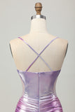 Silver Purple Spaghetti Straps Cut Out Tight Metallic Homecoming Dress