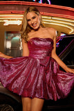 Metallic Dark Purple A-Line Strapless Ruched Homecoming Dress with Bow
