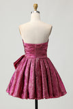 Metallic Dark Purple A-Line Strapless Ruched Homecoming Dress with Bow