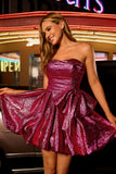 Metallic Dark Purple A-Line Strapless Ruched Homecoming Dress with Bow
