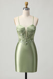 Sage Green Tight Satin Short Appliqued Homecoming Dress with Lace Up Back